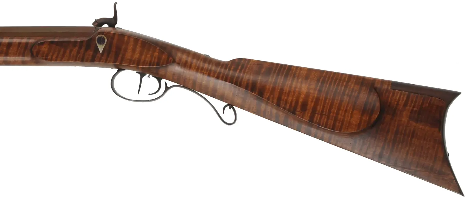 Hawken Rifle,
.54 caliber 36" Green Mountain barrel,
L&R percussion lock, iron, curly maple,
used, signed by George Nelson