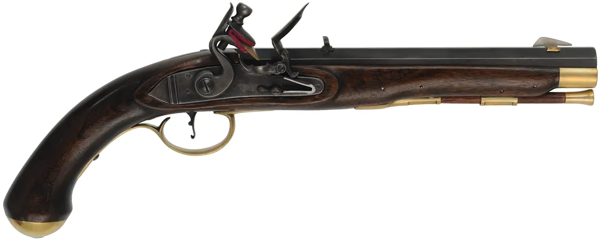 Kentucky Pistol,
.50 caliber, 9-3/8" barrel,
L&R flintlock, walnut, brass,
by K. Lincavage