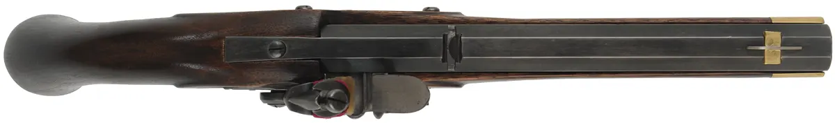 Kentucky Pistol,
.50 caliber, 9-3/8" barrel,
L&R flintlock, walnut, brass,
by K. Lincavage