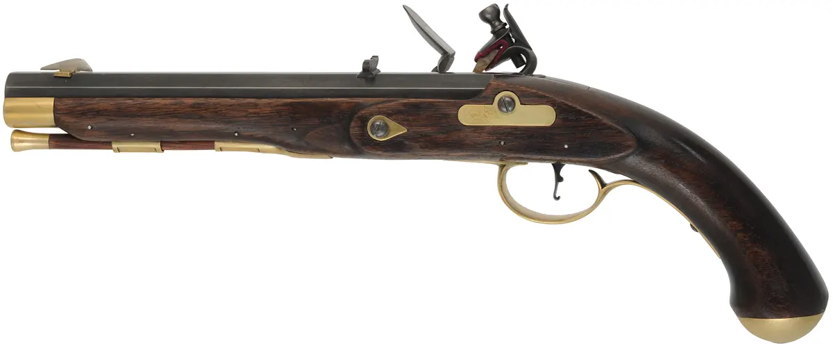 Kentucky Pistol,
.50 caliber, 9-3/8" barrel,
L&R flintlock, walnut, brass,
by K. Lincavage