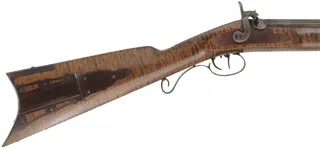 Hawken Halfstock Rifle,
.54 caliber,  35-3/4" barrel, 
percussion, curly maple, iron, 
used, signed by D. Priddy