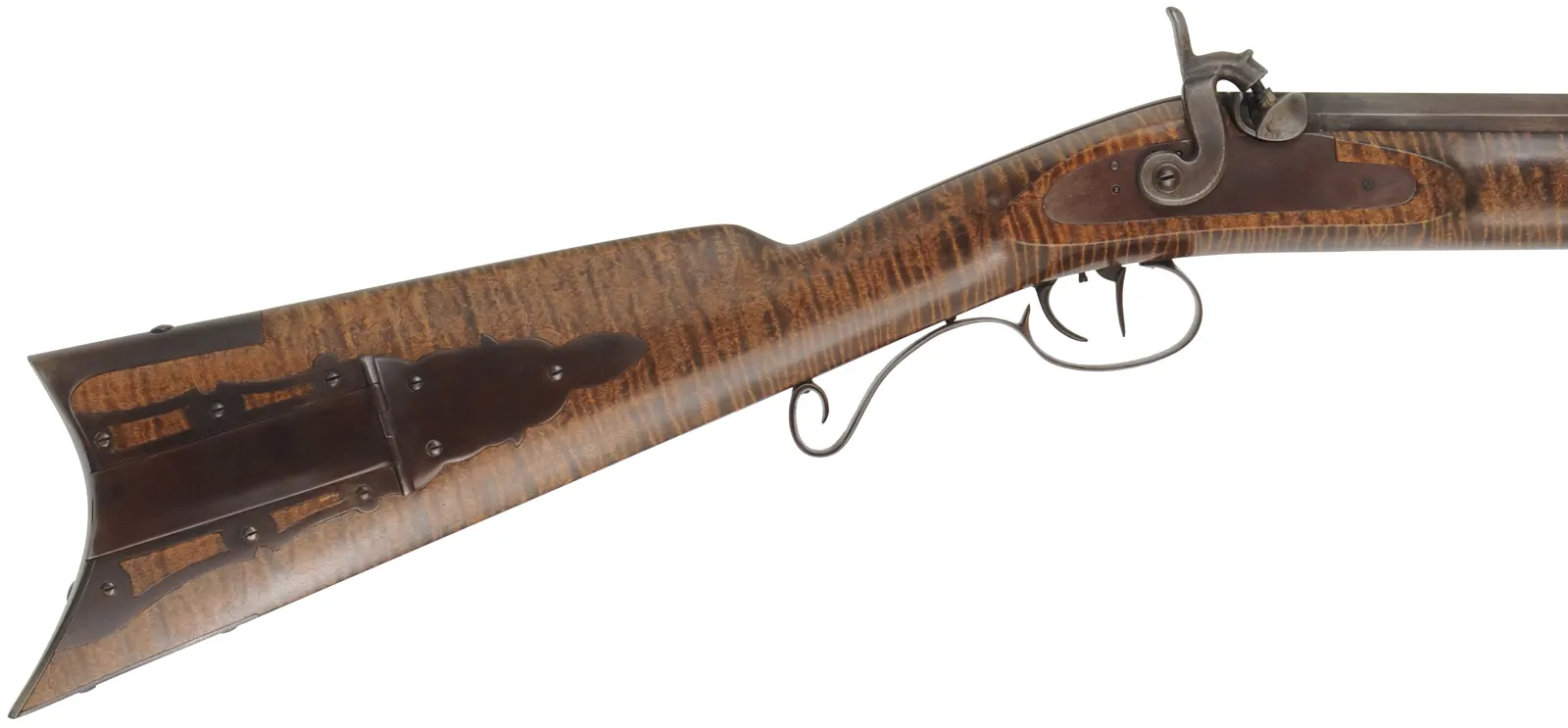 Hawken Halfstock Rifle,
.54 caliber,  35-3/4" barrel, 
percussion, curly maple, iron, 
used, signed by D. Priddy