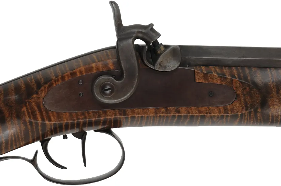 Hawken Halfstock Rifle,
.54 caliber,  35-3/4" barrel, 
percussion, curly maple, iron, 
used, signed by D. Priddy