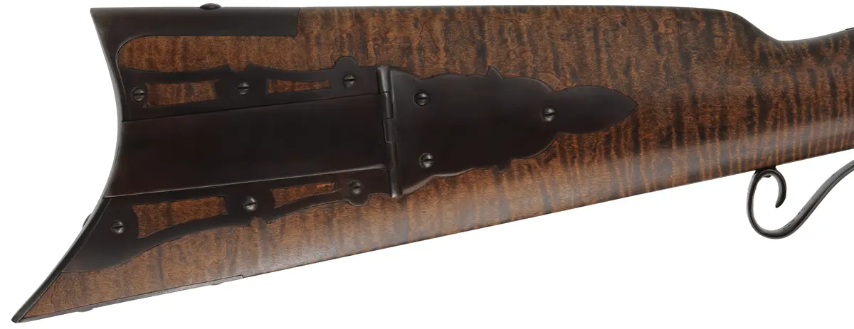 Hawken Halfstock Rifle,
.54 caliber,  35-3/4" barrel, 
percussion, curly maple, iron, 
used, signed by D. Priddy