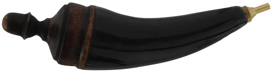 Priming Horn, 4-1/2", 
3 grain brass priming valve, walnut base