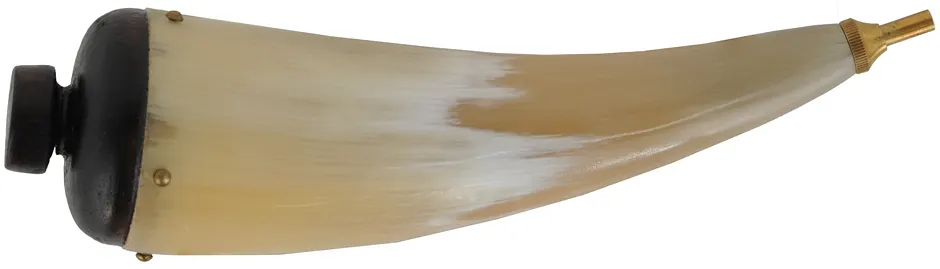 Priming Horn, 
5-1/2",  3 grain brass priming valve,
turned walnut base