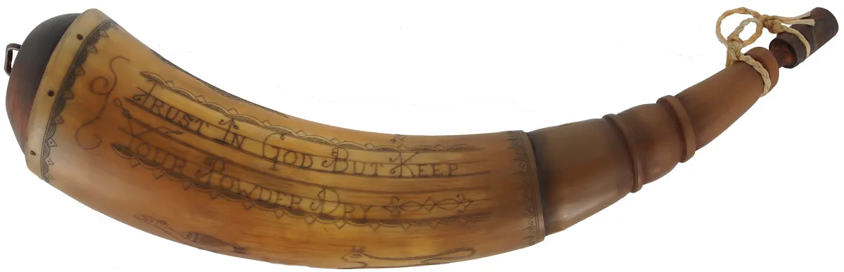 Powder Horn,
11-3/4", scrimshaw verse, 
animals, compass rose