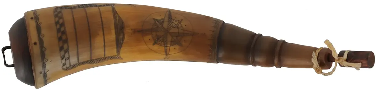 Powder Horn,
11-3/4", scrimshaw verse, 
animals, compass rose