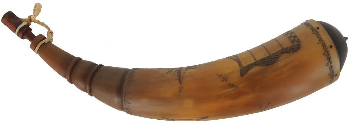Powder Horn,
11-3/4", scrimshaw verse, 
animals, compass rose