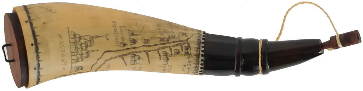 Powder Horn,
13-1/4", scrimshaw New York map horn