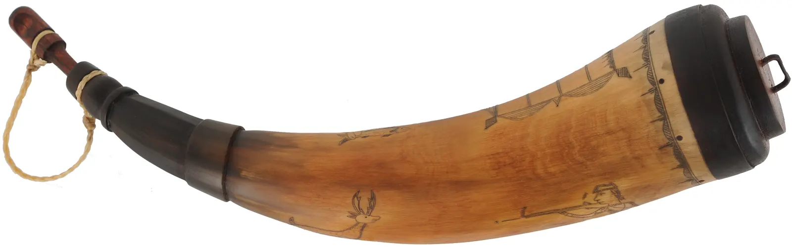 Powder Horn,
12-1/2", scrimshaw hunting scene 