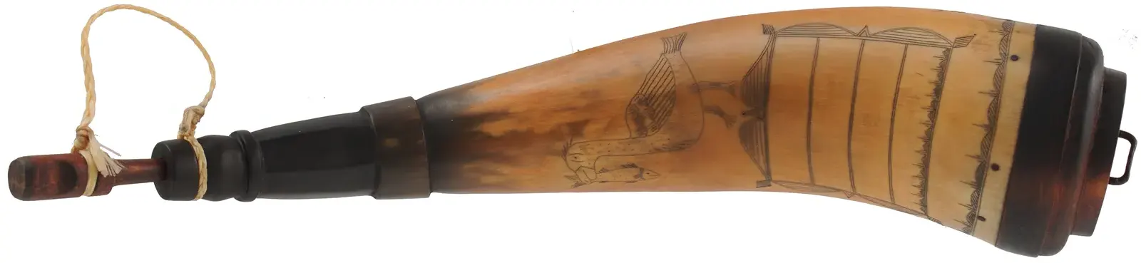 Powder Horn,
12-1/2", scrimshaw hunting scene 