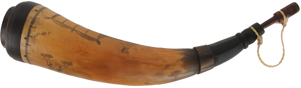 Powder Horn,
12-1/2", scrimshaw hunting scene 