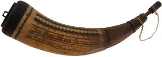 Powder Horn,
12", scrimshaw verse, 
iron staple, patina finish