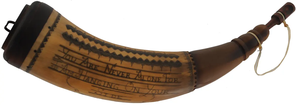 Powder Horn,
12", scrimshaw verse, 
iron staple, patina finish