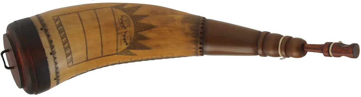Powder Horn,
12", scrimshaw verse, 
iron staple, patina finish