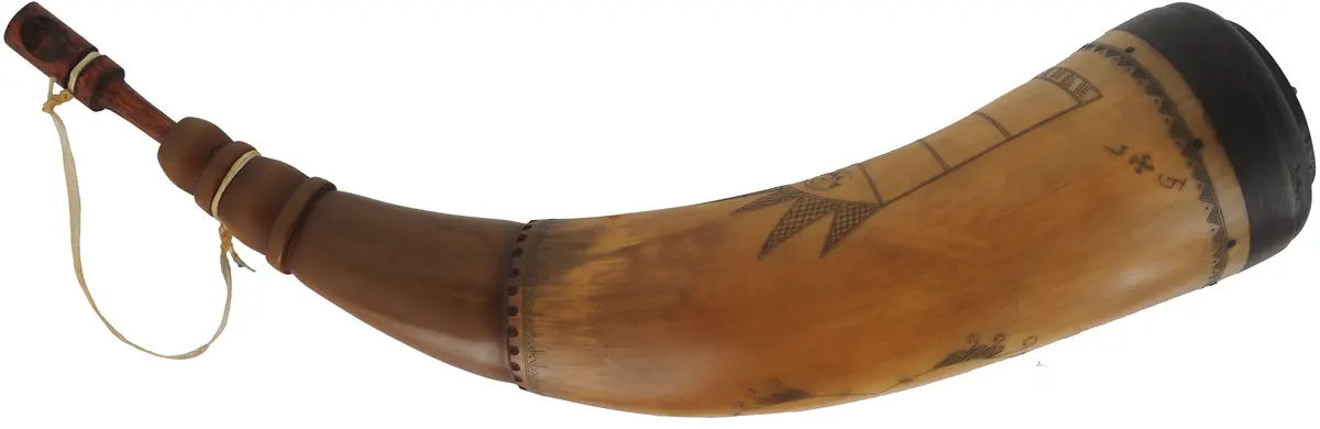 Powder Horn,
12", scrimshaw verse, 
iron staple, patina finish