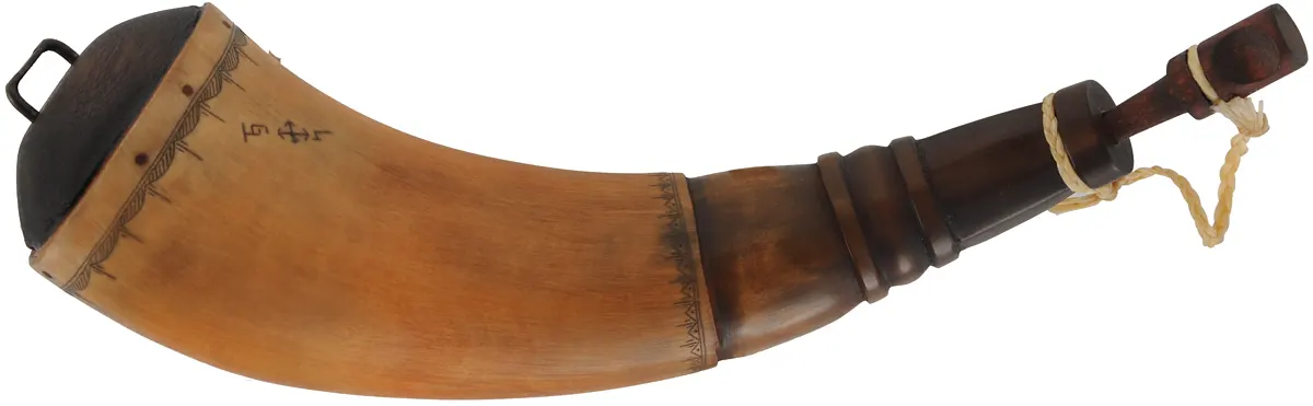 Powder Horn,
9-1/4", scrimshaw border design,
iron staple