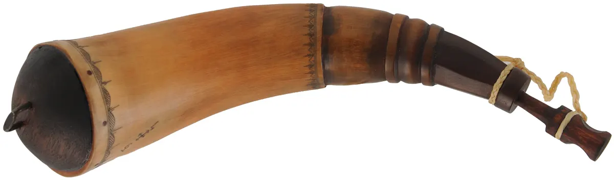Powder Horn,
9-1/4", scrimshaw border design,
iron staple