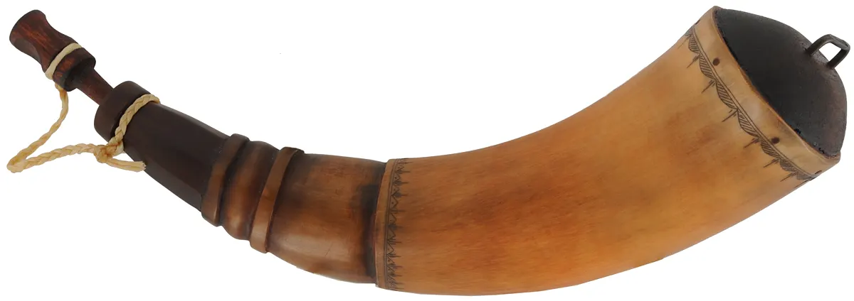 Powder Horn,
9-1/4", scrimshaw border design,
iron staple