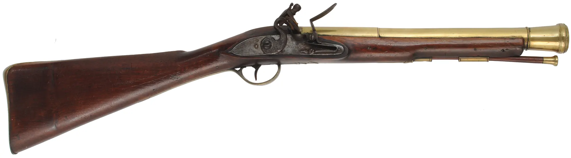Antique British Blunderbuss,
12 gauge, 14-1/4" brass barrel with flared muzzle,
flintlock, walnut, brass furniture, 
lock marked ARCHER
