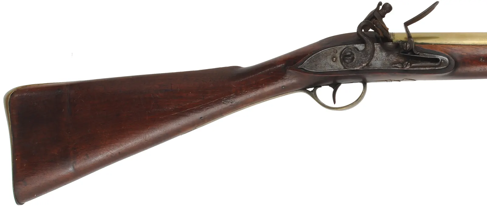 Antique British Blunderbuss,
12 gauge, 14-1/4" brass barrel with flared muzzle,
flintlock, walnut, brass furniture, 
lock marked ARCHER