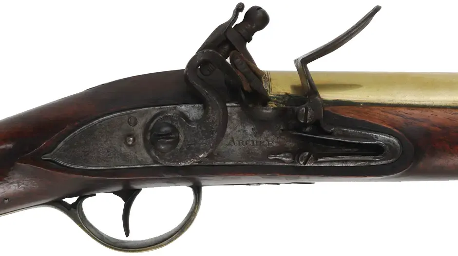 Antique British Blunderbuss,
12 gauge, 14-1/4" brass barrel with flared muzzle,
flintlock, walnut, brass furniture, 
lock marked ARCHER
