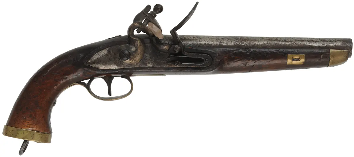 Antique Belgium Cavalry Pistol,
.68 caliber, 9" barrel,
flintlock, walnut, brass, lanyard loop,
for Middle East
