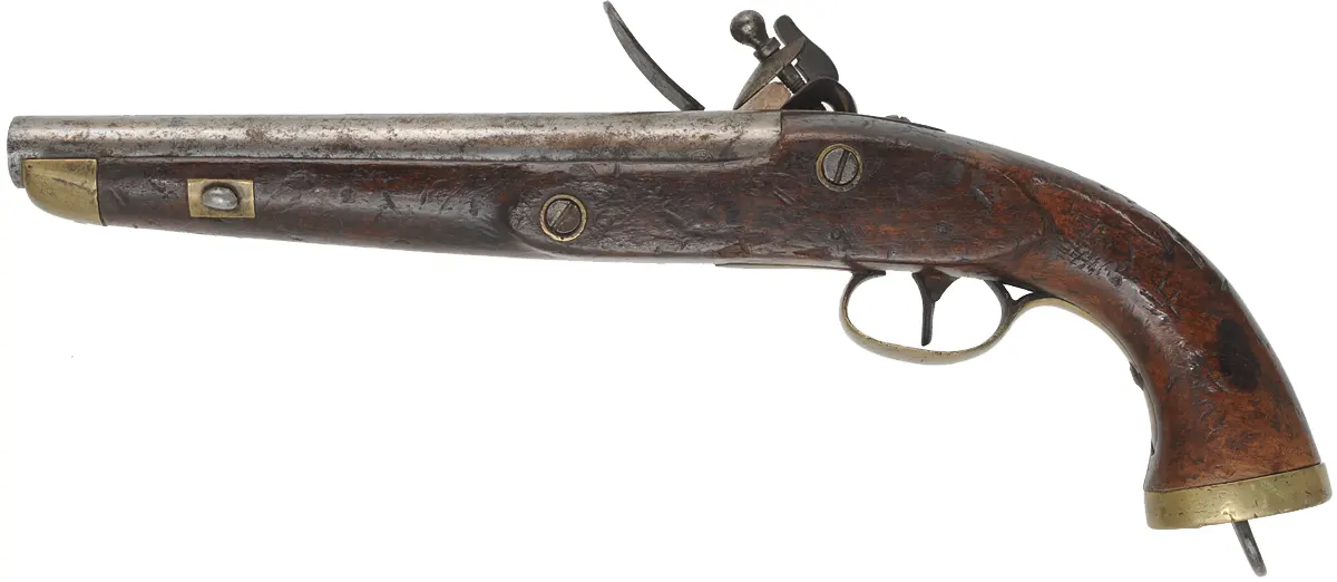 Antique Belgium Cavalry Pistol,
.68 caliber, 9" barrel,
flintlock, walnut, brass, lanyard loop,
for Middle East
