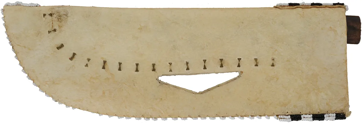 Knife with Beaded Knife Sheath,
6" blade, walnut scales,
11-1/2" long by 3-3/4" wide,
leather and rawhide, brass tacks