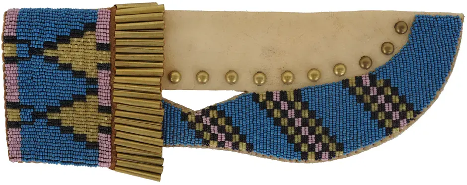 Beaded Knife Sheath,
10-3/4" long by 3-3/4" wide,
rawhide, brass cones,