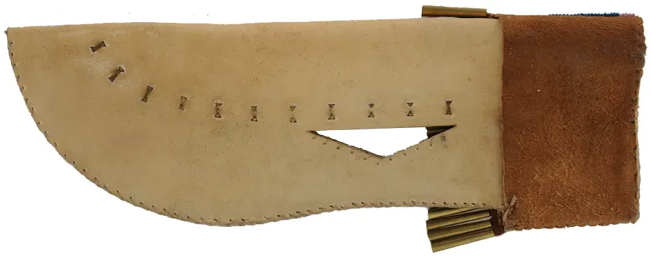 Beaded Knife Sheath,
10-3/4" long by 3-3/4" wide,
rawhide, brass cones,