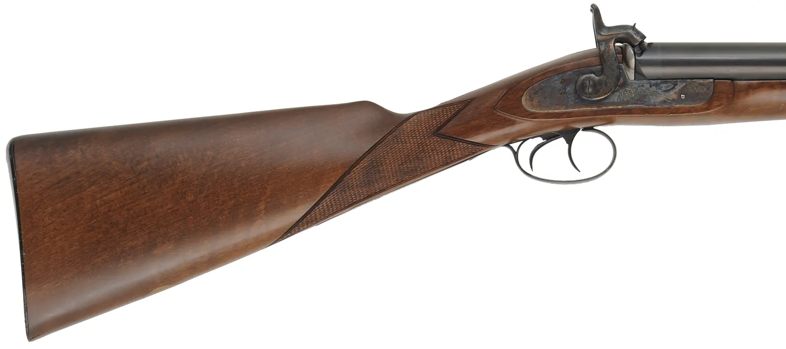 Navy Arms Double Shotgun,
12 gauge, 28" barrels,
percussion, checkered walnut, blued steel,
used, manufactured by Pietta