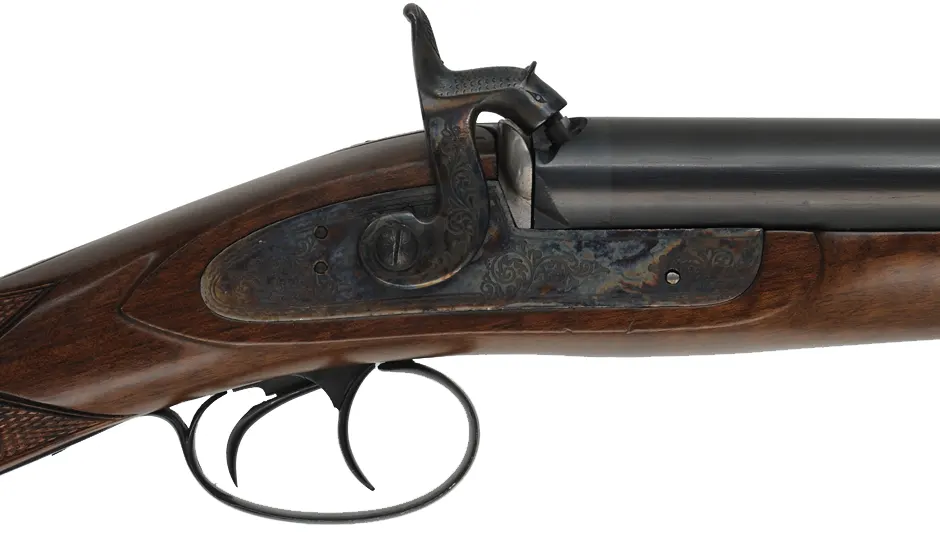 Navy Arms Double Shotgun,
12 gauge, 28" barrels,
percussion, checkered walnut, blued steel,
used, manufactured by Pietta