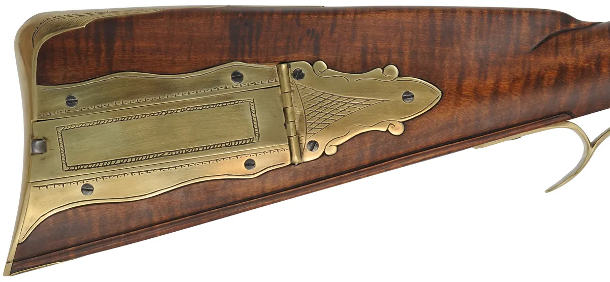 Virginia Longrifle,
.50 caliber, 42" Colerain swamped barrel,
deluxe Siler flint lock, maple, brass trim,
new, unfired, by Thom Frazier