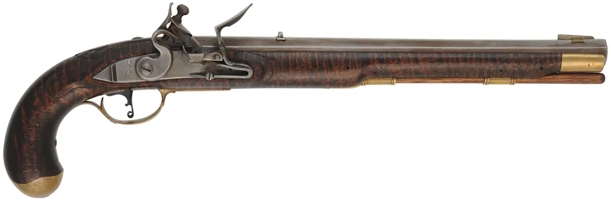 Kentucky Pistol,
.50 caliber, 13" Rice swamped barrel,
small Siler flint lock, curly maple, brass trim, used