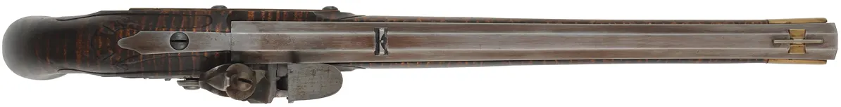 Kentucky Pistol,
.50 caliber, 13" Rice swamped barrel,
small Siler flint lock, curly maple, brass trim, used