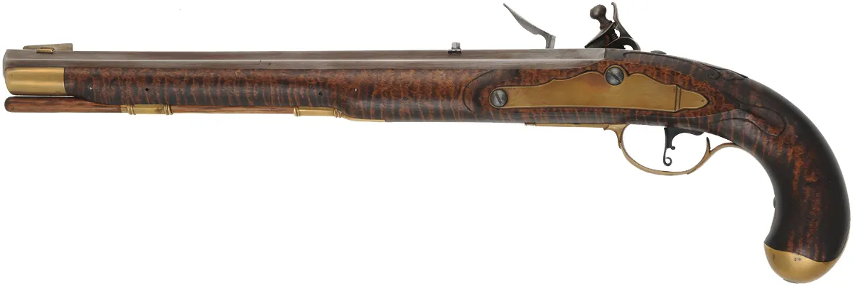 Kentucky Pistol,
.50 caliber, 13" Rice swamped barrel,
small Siler flint lock, curly maple, brass trim, used