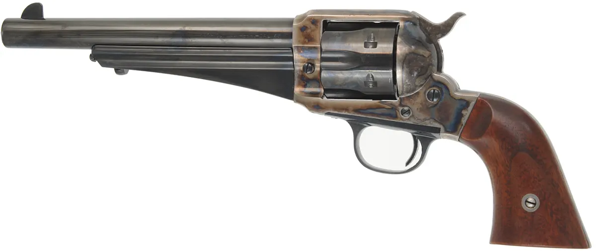 Model 1875 Remington Revolver,
caliber .45 Long Colt, 7-1/2" blued barrel,
color case hardened frame, black walnut grips, 
used, by Aldo Uberti