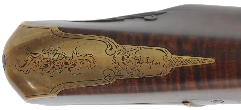 English Rifle,
.54 caliber, 38" swamped Colerain barrel,
Chambers flint lock, curly maple, engraved brass,
used, by noted gun maker Clay Smith