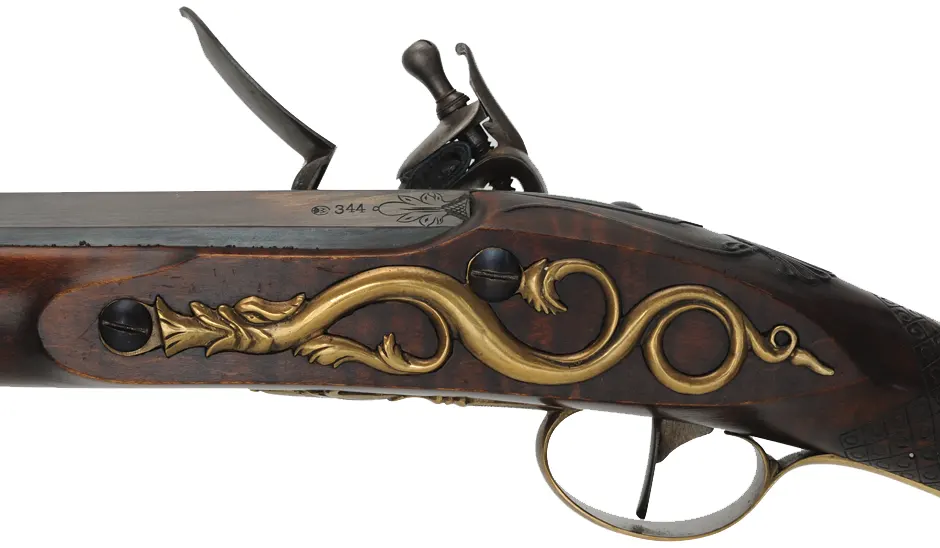 English Rifle,
.54 caliber, 38" swamped Colerain barrel,
Chambers flint lock, curly maple, engraved brass,
used, by noted gun maker Clay Smith