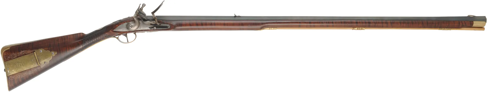 English Rifle,
.54 caliber, 38" swamped Colerain barrel,
Chambers flint lock, curly maple, engraved brass,
used, by noted gun maker Clay Smith