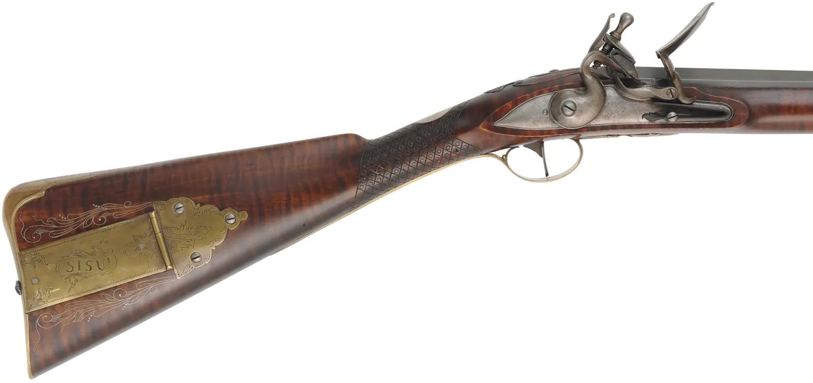 English Rifle,
.54 caliber, 38" swamped Colerain barrel,
Chambers flint lock, curly maple, engraved brass,
used, by noted gun maker Clay Smith