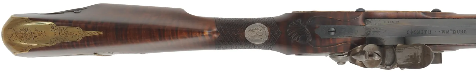 English Rifle,
.54 caliber, 38" swamped Colerain barrel,
Chambers flint lock, curly maple, engraved brass,
used, by noted gun maker Clay Smith