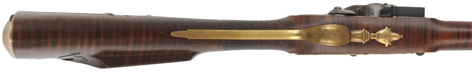 English Rifle,
.54 caliber, 38" swamped Colerain barrel,
Chambers flint lock, curly maple, engraved brass,
used, by noted gun maker Clay Smith