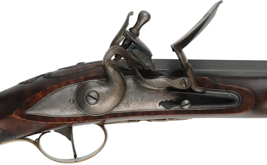English Rifle,
.54 caliber, 38" swamped Colerain barrel,
Chambers flint lock, curly maple, engraved brass,
used, by noted gun maker Clay Smith