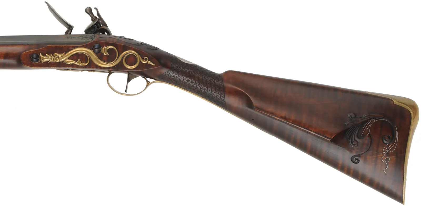 English Rifle,
.54 caliber, 38" swamped Colerain barrel,
Chambers flint lock, curly maple, engraved brass,
used, by noted gun maker Clay Smith