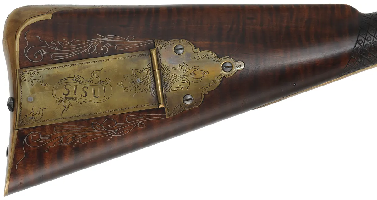 English Rifle,
.54 caliber, 38" swamped Colerain barrel,
Chambers flint lock, curly maple, engraved brass,
used, by noted gun maker Clay Smith