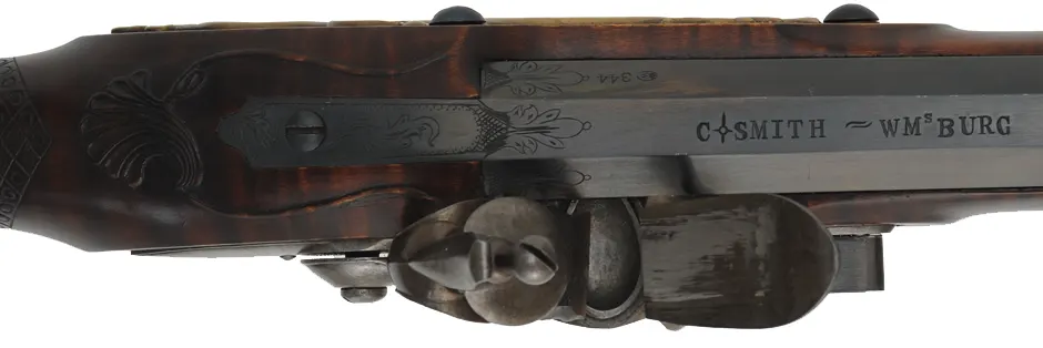 English Rifle,
.54 caliber, 38" swamped Colerain barrel,
Chambers flint lock, curly maple, engraved brass,
used, by noted gun maker Clay Smith