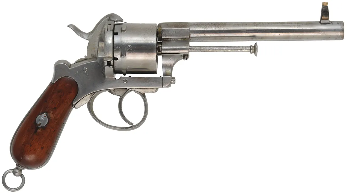 1858 System LeFauchuex Pin Fire Revolver,
caliber 11mm pin fire, 6" barrel,
walnut broom handle, Belgian proof marks, 50 cases